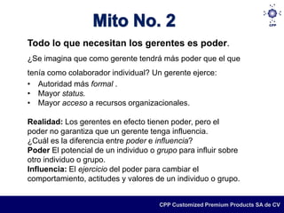 Todo lo que necesitan los gerentes es poder.
¿Se imagina que como gerente tendrá más poder que el que
tenía como colaborador individual? Un gerente ejerce:
• Autoridad más formal .
• Mayor status.
• Mayor acceso a recursos organizacionales.

Realidad: Los gerentes en efecto tienen poder, pero el
poder no garantiza que un gerente tenga influencia.
¿Cuál es la diferencia entre poder e influencia?
Poder El potencial de un individuo o grupo para influir sobre
otro individuo o grupo.
Influencia: El ejercicio del poder para cambiar el
comportamiento, actitudes y valores de un individuo o grupo.


                                     CPP Customized Premium Products SA de CV
 