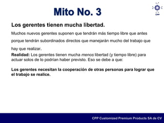 Los gerentes tienen mucha libertad.
Muchos nuevos gerentes suponen que tendrán más tiempo libre que antes
porque tendrán subordinados directos que manejarán mucho del trabajo que
hay que realizar.
Realidad: Los gerentes tienen mucha menos libertad (y tiempo libre) para
actuar solos de lo podrían haber previsto. Eso se debe a que:

Los gerentes necesitan la cooperación de otras personas para lograr que
el trabajo se realice.




                                           CPP Customized Premium Products SA de CV
 