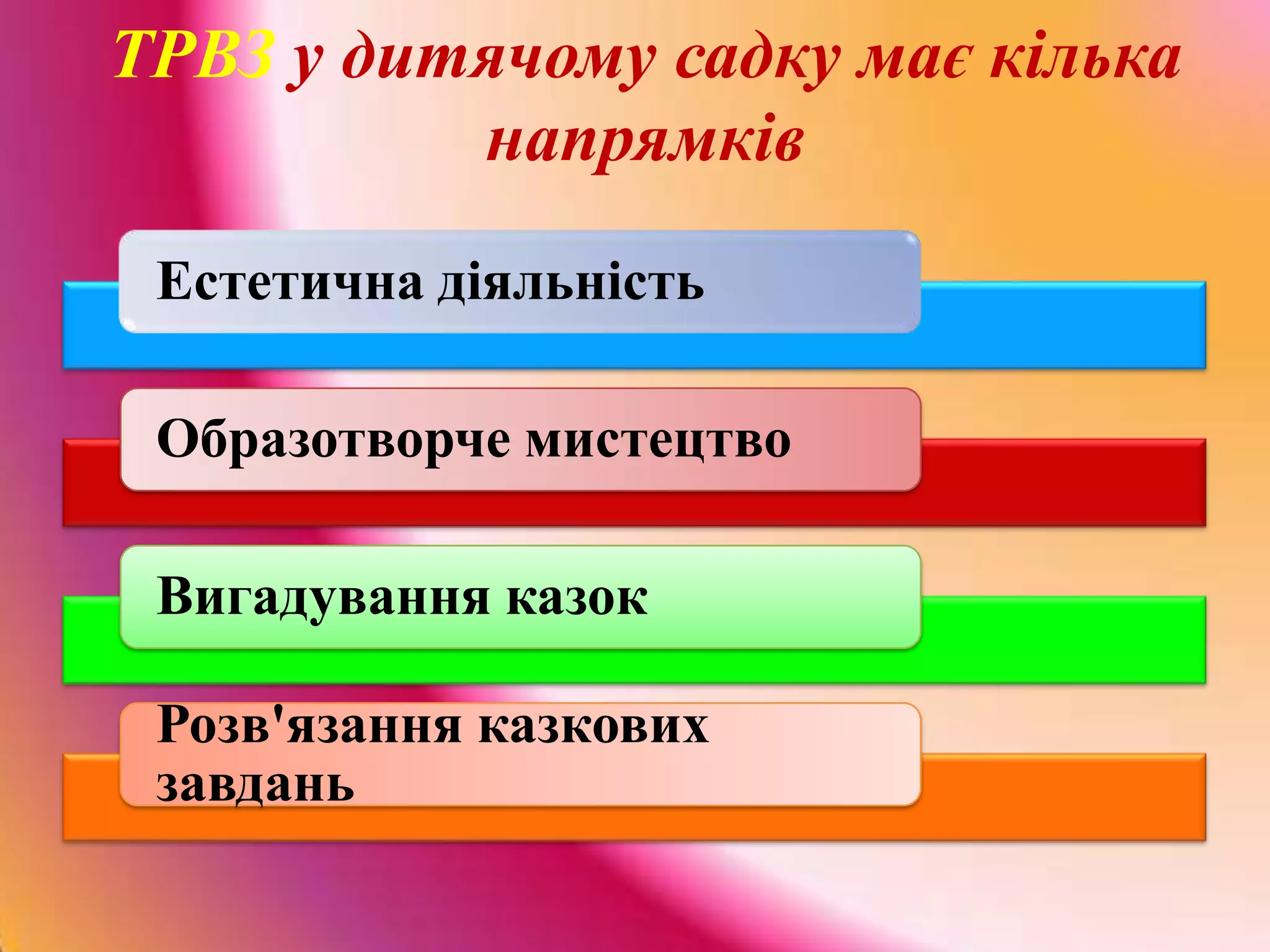 ТРВЗ у дитячому садку має кілька
          напрямків
 Естетична діяльність

 Образотворче мистецтво

 Вигадування казок

 Розв'язання казкових
 завдань
 