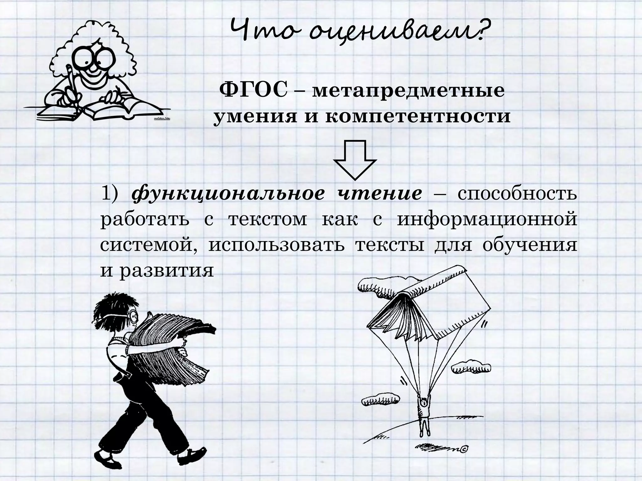 Что оцениваем?

         ФГОС – метапредметные
         умения и компетентности


1) функциональное чтение – способность
работать с текстом как с информационной
системой, использовать тексты для обучения
и развития
 
