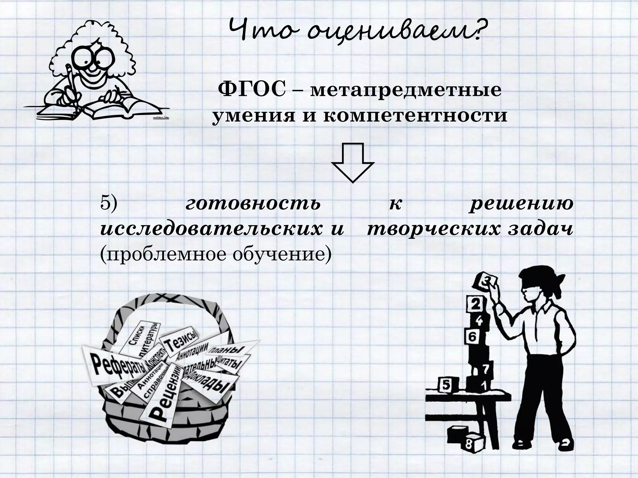 Что оцениваем?

         ФГОС – метапредметные
         умения и компетентности



5)      готовность       к      решению
исследовательских и     творческих задач
(проблемное обучение)
 