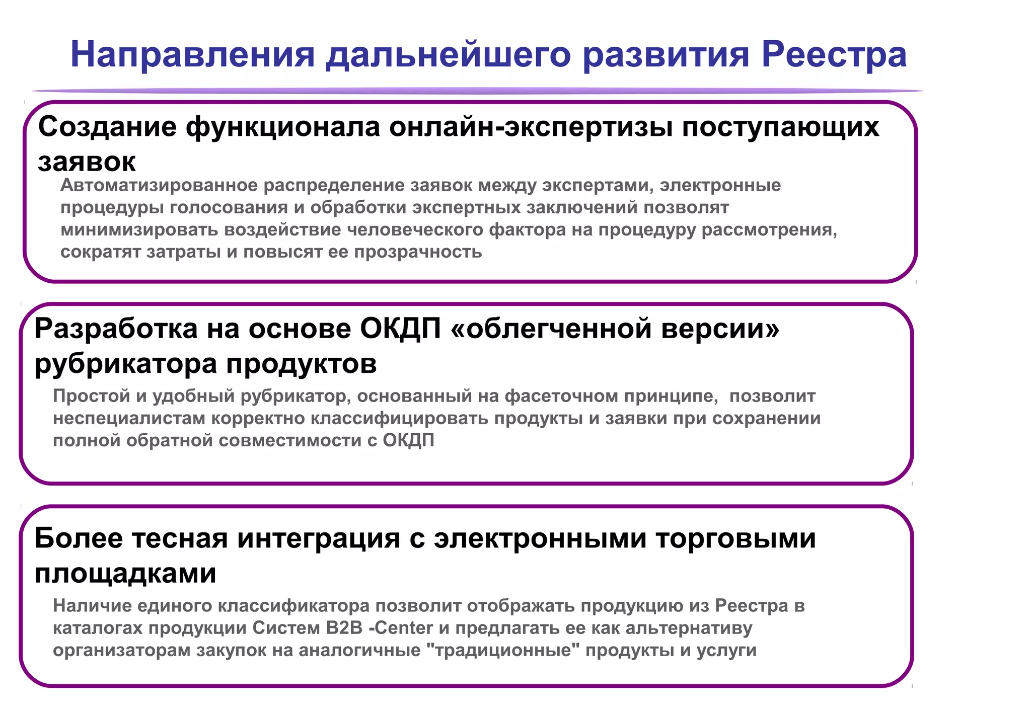 Направления дальнейшего развития Реестра
Создание функционала онлайн-экспертизы поступающих
заявок
 Автоматизированное распределение заявок между экспертами, электронные
 процедуры голосования и обработки экспертных заключений позволят
 минимизировать воздействие человеческого фактора на процедуру рассмотрения,
 сократят затраты и повысят ее прозрачность



Разработка на основе ОКДП «облегченной версии»
рубрикатора продуктов
 Простой и удобный рубрикатор, основанный на фасеточном принципе, позволит
 неспециалистам корректно классифицировать продукты и заявки при сохранении
 полной обратной совместимости с ОКДП




Более тесная интеграция с электронными торговыми
площадками
 Наличие единого классификатора позволит отображать продукцию из Реестра в
 каталогах продукции Систем В2В -Center и предлагать ее как альтернативу
 организаторам закупок на аналогичные "традиционные" продукты и услуги
 