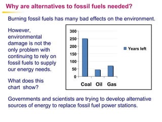 Governments and scientists are trying to develop alternative
sources of energy to replace fossil fuel power stations.
Why are alternatives to fossil fuels needed?
Burning fossil fuels has many bad effects on the environment.
However,
environmental
damage is not the
only problem with
continuing to rely on
fossil fuels to supply
our energy needs.
What does this
chart show?
0
50
100
150
200
250
300
Coal Oil Gas
Years left
 