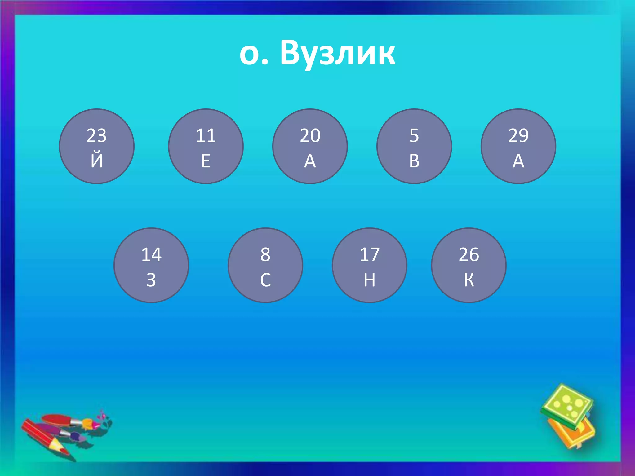 о. Вузлик

23        11        20        5        29
Й          Е        А         В        А



     14         8        17       26
      З         С        Н        К
 