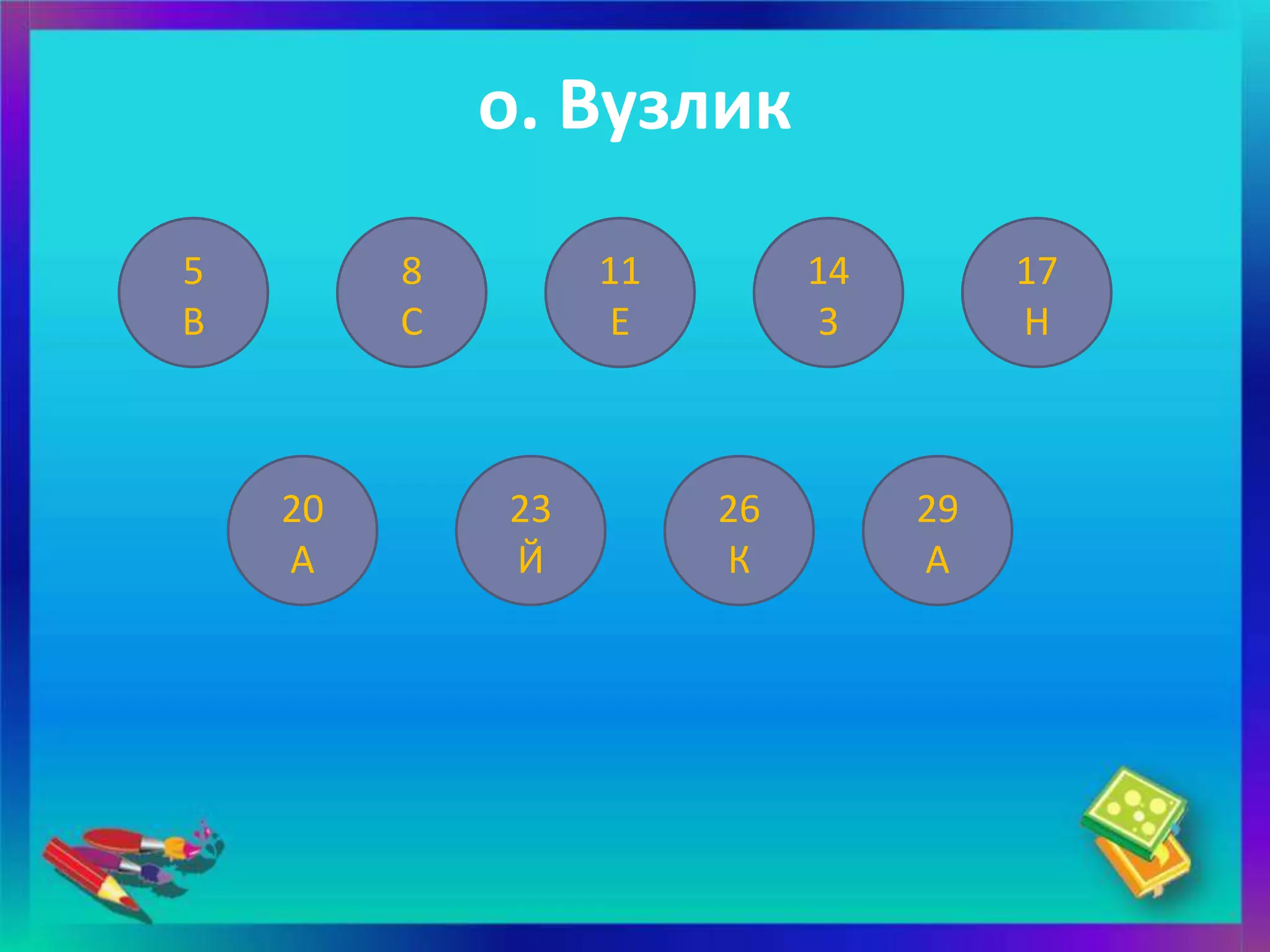 о. Вузлик

5        8        11        14        17
В        С         Е         З        Н



    20       23        26        29
    А        Й         К         А
 