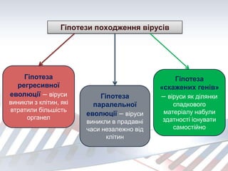 Гіпотези походження вірусів
Гіпотеза
регресивної
еволюції – віруси
виникли з клітин, які
втратили більшість
органел
Гіпотеза
паралельної
еволюції – віруси
виникли в прадавні
часи незалежно від
клітин
Гіпотеза
«скажених генів»
– віруси як ділянки
спадкового
матеріалу набули
здатності існувати
самостійно
 