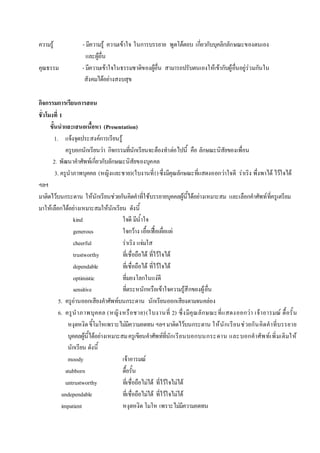 ความรู้ - มีความรู้ ความเข้าใจ ในการบรรยาย พูดโต้ตอบ เกี่ยวกับบุคลิกลักษณะของตนเอง
และผู้อื่น
คุณธรรม - มีความเข้าใจในธรรมชาติของผู้อื่น สามารถปรับตนเองให้เข้ากับผู้อื่นอยู่ร่วมกันใน
สังคมได้อย่างสงบสุข
กิจกรรมการเรียนการสอน
ชั่วโมงที่ 1
ขั้นนาและเสนอเนื้อหา (Presentation)
1. แจ้งจุดประสงค์การเรียนรู้
ครูบอกนักเรียนว่า กิจกรรมที่นักเรียนจะต้องทาต่อไปนี้ คือ ลักษณะนิสัยของเพื่อน
2. พัฒนาคาศัพท์เกี่ยวกับลักษณะนิสัยของบุคคล
3. ครูนาภาพบุคคล (หญิงและชาย)(ใบงานที่1)ซึ่งมีคุณลักษณะที่แสดงออกว่าใจดี ร่าเริง พึ่งพาได้ ไว้ใจได้
ฯลฯ
มาติดไว้บนกระดาน ให้นักเรียนช่วยกันคิดคาที่ใช้บรรยายบุคคลผู้นี้ได้อย่างเหมาะสม และเลือกคาศัพท์ที่ครูเตรียม
มาให้เลือกได้อย่างเหมาะสมให้นักเรียน ดังนี้
kind ใจดี มีน้าใจ
generous ใจกว้าง เอื้อเฟื้อเผื่อแผ่
cheerful ร่าเริง แจ่มใส
trustworthy ที่เชื่อถือได้ ที่ไว้ใจได้
dependable ที่เชื่อถือได้ ที่ไว้ใจได้
optimistic ที่มองโลกในแง่ดี
sensitive ที่ตระหนักหรือเข้าใจความรู้สึกของผู้อื่น
5. ครูอ่านออกเสียงคาศัพท์บนกระดาน นักเรียนออกเสียงตามจนคล่อง
6. ครูนาภาพบุคคล (หญิงหรือชาย)(ใบงานที่ 2) ซึ่งมีคุณลักษณะที่แสดงออกว่า เจ้าอารมณ์ ดื้อรั้น
หงุดหงิดขี้โมโหเพราะไม่มีความอดทน ฯลฯมาติดไว้บนกระดาน ให้นักเรียนช่วยกันคิดคาที่บรรยาย
บุคคลผู้นี้ได้อย่างเหมาะสมครูเขียนคาศัพท์ที่นักเรียนบอกบนกระดาน และบอกคาศัพท์เพิ่มเติมให้
นักเรียน ดังนี้
moody เจ้าอารมณ์
stubborn ดื้อรั้น
untrustworthy ที่เชื่อถือไม่ได้ ที่ไว้ใจไม่ได้
undependable ที่เชื่อถือไม่ได้ ที่ไว้ใจไม่ได้
impatient หงุดหงิด โมโห เพราะไม่มีความอดทน
 