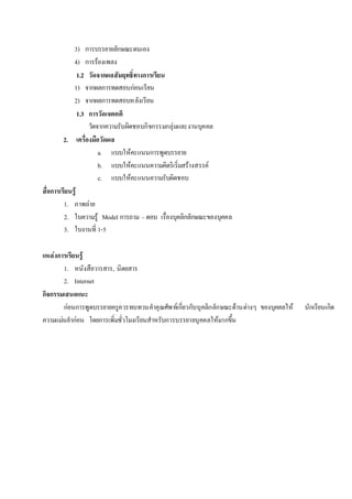 3) การบรรยายลักษณะตนเอง
4) การร้องเพลง
1.2 วัดจากผลสัมฤทธิ์ทางการเรียน
1) จากผลการทดสอบก่อนเรียน
2) จากผลการทดสอบหลังเรียน
1.3 การวัดเจตคติ
วัดจากความรับผิดชอบกิจกรรมกลุ่มและงานบุคคล
2. เครื่องมือวัดผล
a. แบบให้คะแนนการพูดบรรยาย
b. แบบให้คะแนนความคิดริเริ่มสร้างสรรค์
c. แบบให้คะแนนความรับผิดชอบ
สื่อการเรียนรู้
1. ภาพถ่าย
2. ใบความรู้ Model การถาม –ตอบ เรื่องบุคลิกลักษณะของบุคคล
3. ใบงานที่ 1-5
แหล่งการเรียนรู้
1. หนังสือวารสาร, นิตยสาร
2. Internet
กิจกรรมเสนอแนะ
ก่อนการพูดบรรยายครูควรทบทวนคาคุณศัพท์เกี่ยวกับบุคลิกลักษณะด้านต่างๆ ของบุคคลให้ นักเรียนเกิด
ความแม่นยาก่อน โดยการเพิ่มชั่วโมงเรียนสาหรับการบรรยายบุคคลให้มากขึ้น
 