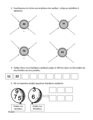 Ψηφίο των
Δεκάδων
Ψηφίο των
Μονάδων
3. Συμπληρώνω ό,τι λείπει για να φτάσω στον αριθμό – στόχο με πρόσθεση ή
αφαίρεση.
4. Γράφω όλους τους διψήφιους αριθμούς μέχρι το 100 που έχουν το ίδιο ψηφίο και
στις δεκάδες και στις μονάδες.
5. Με τα παρακάτω ψηφία σχημάτισε διψήφιους αριθμούς.
Όνομα:…………………………………………………………………………………………………………………….
40
….
..
55
70
….
..
42
11 22
 