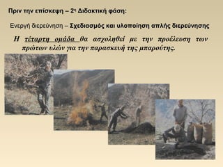 Η τέταρτη ομάδα θα ασχοληθεί με την προέλευση των
πρώτων υλών για την παρασκευή της μπαρούτης.
Πριν την επίσκεψηΠριν την επίσκεψη –– 22ηη
Διδακτική φάσηΔιδακτική φάση::
Ενεργή διερεύνησηΕνεργή διερεύνηση –– Σχεδιασμός και υλοποίηση απλής διερεύνησηςΣχεδιασμός και υλοποίηση απλής διερεύνησης
 