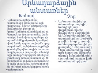 Արևադարձային
անտառներ
Խոնավ Չոր
• Արևադարձային խոնավ
անտառները գտնվում են այն
վայրերում, որտեղ անձրեվները
հաճախակի բնույթ են
կրում:Արևադարձային խոնավ ա
նտառները մշտադալարեն: Լայն
ատերև ծառերի սաղարթները դի
պչում ենմեկը մյուսին՝ կազմելով
փակ ծածկ, որըհուսալիորեն պաշ
տպանում է արևիճառագայթների
ց՝ ստեղծելով հուսալի և հարուստ
ապրելավայր բազմաթիվ տեսակն
երի համար:Գոյություն ունեն բազ
բատեսակ խոնավ անտառներ: Ա
րևադարձային խոնավանտառներ
ը աչքի են ընկնում կենդանիների
ու բույսերի արտակարգտարատե
սակությամբ:
• Արևադարձային չոր
անտառներ կարելի է
հանդիպել այն
վայրերում, որտեղ
անձրևները սեզոնային
են:Արևադարձային չոր
անտառների բուսածածկ
ը ավելի նոսր է, տարվա
ամենաչորեղանակին բա
ցառված չէ տերևաթափը
: Այս անտառները նույն
պես հարուստ ենբազբա
տեսակ կենդանիներով ո
ւ բույսերով, բայց ոչ խոն
ավ անտառների չափ:
 