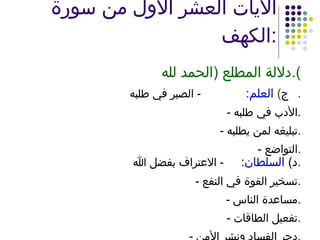 الآيات العشر الأول من سورة الكهف : دلالة المطلع  ( الحمد لله ). ‌  ج )  العلم :   -  الصبر في طلبه .  -  الأدب في طلبه . -  تبليغه لمن يطلبه . -  التواضع . ‌  د )  السلطان :  -  الاعتراف بفضل الله . -  تسخير القوة في النفع . -  مساعدة الناس . -  تفعيل الطاقات . -  دحر الفساد ونشر الأمن . 