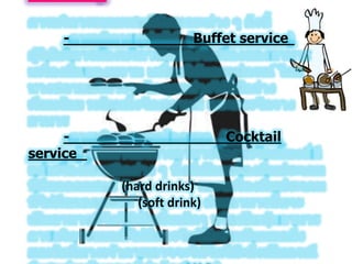 - Buffet service
- Cocktail
service
(hard drinks)
(soft drink)
 