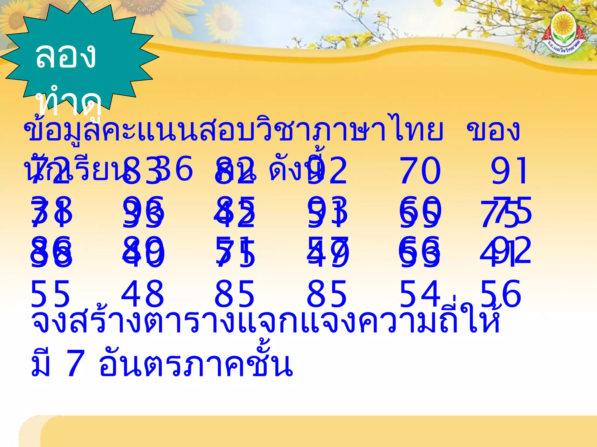 ข้อมูลคะแนนสอบวิชาภาษาไทย ของ
นักเรียน 36 คน ดังนี้72 83 82 92 70 91
71 33 42 51 55 7538 96 85 93 60 75
38 40 75 49 53 4186 89 51 57 66 92
55 48 85 85 54 56
จงสร้างตารางแจกแจงความถี่ให้
มี 7 อันตรภาคชั้น
ลอง
ทำาดู
 