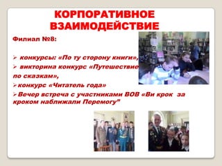 КОРПОРАТИВНОЕ
ВЗАИМОДЕЙСТВИЕ
Филиал №8:
 конкурсы: «По ту сторону книги»,
 викторина конкурс «Путешествие
по сказкам»,
конкурс «Читатель года»
Вечер встреча с участниками ВОВ «Ви крок за
кроком наближали Перемогу”
 