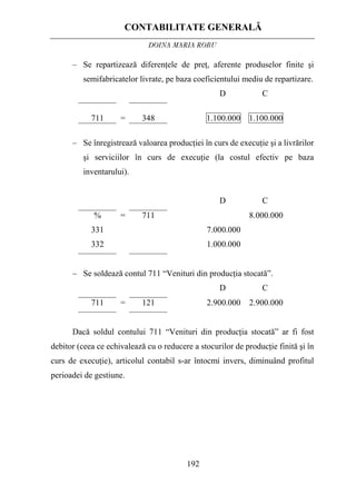 CONTABILITATE GENERALĂ
DOINA MARIA ROBU
192
– Se repartizează diferenţele de preţ, aferente produselor finite şi
semifabricatelor livrate, pe baza coeficientului mediu de repartizare.
D C
711 = 348 1.100.000 1.100.000
– Se înregistrează valoarea producţiei în curs de execuţie şi a livrărilor
şi serviciilor în curs de execuţie (la costul efectiv pe baza
inventarului).
D C
%
331
332
= 711
7.000.000
1.000.000
8.000.000
– Se soldează contul 711 “Venituri din producţia stocată”.
D C
711 = 121 2.900.000 2.900.000
Dacă soldul contului 711 “Venituri din producţia stocată” ar fi fost
debitor (ceea ce echivalează cu o reducere a stocurilor de producţie finită şi în
curs de execuţie), articolul contabil s-ar întocmi invers, diminuând profitul
perioadei de gestiune.
 