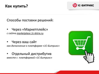 Как купить?
Способы поставки решений:
• Через «Маркетплейс»
с сайта marketplace.1c-bitrix.ru
• Через ваш сайт
как дополнен...