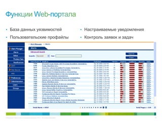 © Компания Cisco и (или) ее дочерние компании, 2013 г. Все права защищены. 35
• База данных уязвимостей
• Пользовательские профайлы
• Настраиваемые уведомления
• Контроль заявок и задач
 