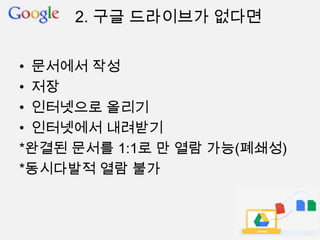 • 문서에서 작성
• 저장
• 인터넷으로 올리기
• 인터넷에서 내려받기
*완결된 문서를 1:1로 만 열람 가능(폐쇄성)
*동시다발적 열람 불가
2. 구글 드라이브가 없다면
 