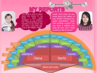 I am going to write my report
about the history of my
family. I know some
ancestors in my mother’s
line. These ancestors are the
members of my family tree
who lived a long time ago.
Look at “MY FAMILY TREE’.
Olena Serhii
Maiia and Liuda
Demian Halyna
LeonidValentyna
Hanna Klavdiia
Maksym
Artem
Sophiia
Borys
Ivan
Mariia
Fedir
Polina
Andrii
Polina
Semen
Demian
Olha
Vasyl
Nastia
Petro
Lidiia
Dariia
Mykola
Mariia
Daniil
Nina
Ivan-
Uliana
Hanna-
Ivan
Yakov-
Mariana
Roman-
Lukiia
Liuda, how much do you
know about the history of
your family? Perhaps your
great grandfather came
from another country? Do
you have a relative who
lives far from you? What
would you like to know?
 