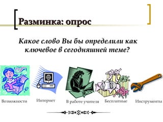 Разминка: опросРазминка: опрос
Какое слово Вы бы определили какКакое слово Вы бы определили как
ключевое в сегодняшней теме?ключевое в сегодняшней теме?
Возможности Интернет В работе учителя Бесплатные Инструменты
 