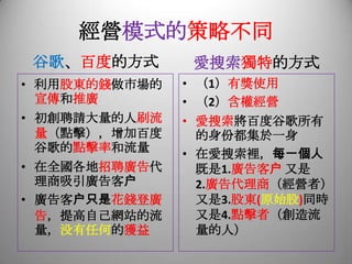 經營模式的策略不同
谷歌、百度的方式
• 利用股東的錢做市場的
宣傳和推廣
• 初創聘請大量的人刷流
量（點擊），增加百度
谷歌的點擊率和流量
• 在全國各地招聘廣告代
理商吸引廣告客户
• 廣告客户只是花錢登廣
告，提高自己網站的流
量，没有任何的獲益
愛搜索獨特的方式
• （1）有獎使用
• （2）含權經營
• 愛搜索將百度谷歌所有
的身份都集於一身
• 在愛搜索裡，每一個人
既是1.廣告客户 又是
2.廣告代理商（經營者）
又是3.股東(原始股)同時
又是4.點擊者（創造流
量的人）
 