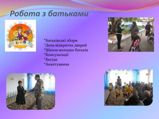Робота з батьками
*Батьківські збори
*День відкритих дверей
*Школа молодих батьків
*Консультації
*Бесіди
*Анкетування
 