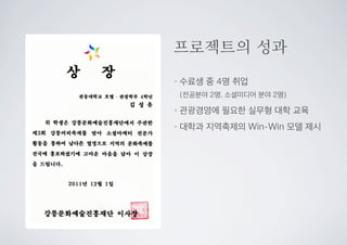 •수료생 중 4명 취업
(전공분야 2명, 소셜미디어 분야 2명)
•관광경영에 필요한 실무형 대학 교육
•대학과 지역축제의 Win-Win 모델 제시
프로젝트의 성과
 