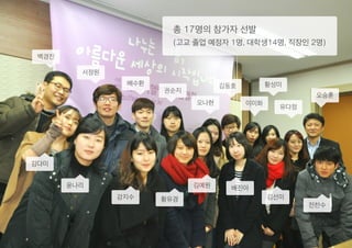 백경진
서정원
배수환
권순지
오나현
김동호
이미화
황성미
유다정
오승훈
김다미
윤나리
강지수 황유경
김예원 배진아
김선미
전찬수
총 17명의 참가자 선발
(고교 졸업 예정자 1명, 대학생14명, 직장인 2명)
 