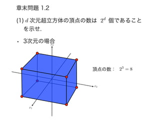 (1) 次元超立方体の頂点の数は  個であること
を示せ.
• 3次元の場合
章末問題 1.2
x1
x2
x3
d 2d
頂点の数： 23
= 8
 