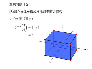 (3)超立方体を構成する超平面の個数
• 0次元（頂点）
章末問題 1.2
23 0
✓
3
0
◆
= 23
⇤ 1
= 8
x1
x2
x3
 
