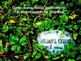 Одно, одно, лишь знаю верно:
Ты много вынесла скорбей.
 