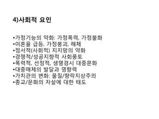 4)사회적 요인
•가정기능의 약화: 가정폭력, 가정불화
•이혼율 급등, 가정붕괴, 해체
•정서적(사회적) 지지망의 약화
•경쟁적/성공지향적 사회풍토
•폭력적, 선정적, 생명경시 대중문화
•대중매체의 발달과 영향력
•가치관의 변화: 물질/향락지상주의
•종교/문화의 자살에 대한 태도
 