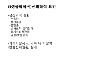 3)생물학적-정신의학적 요인
•정신과적 질환
-우울증
-정신분열
-불안증
-반사회적 성격장애
-경계성성격장애
-알콜/약물중독
•과거자살시도, 가족 내 자살력
•만성신체질환, 장애
 