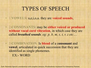 TYPES OF SPEECH
• 1.VOWELS: a,e,i,o,u. they are voiced sounds,
• 2.CONSONANTS: may be either voiced or produced
without vocal cord vibration, in which case they are
called breathed sounds. eg: p, b, m, s, t, r, z etc…
• 3.COMBINATION: Is blend of a consonant and
vowel, articulated in quick succession that they are
identified as single phonemes.
EX:- WORD
Zarb- Bolender:Speech consideration with complete dentures ;Prosthodontic treatment For Edentulous Patients
 