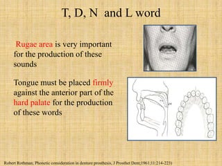 T, D, N and L word
Rugae area is very important
for the production of these
sounds
Tongue must be placed firmly
against the anterior part of the
hard palate for the production
of these words
Robert Rothman; Phonetic consideration in denture prosthesis, J Prosthet Dent;1961;11:214-223)
 