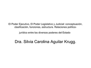 El Poder Ejecutivo, El Poder Legislativo y Judicial: conceptuación,
clasificación, funciones, estructura. Relaciones político-
jurídico entre los diversos poderes del Estado
Dra. Silvia Carolina Aguilar Krugg.
 