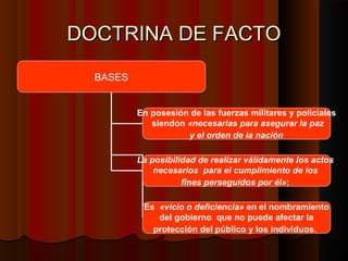 DOCTRINA DE FACTODOCTRINA DE FACTO
BASES
En posesión de las fuerzas militares y policiales
siendon «necesarias para asegurar la paz
y el orden de la nación
La posibilidad de realizar válidamente los actos
necesarios para el cumplimiento de los
fines perseguidos por él»;
Es «vicio o deficiencia» en el nombramiento
del gobierno que no puede afectar la
protección del público y los individuos.
 