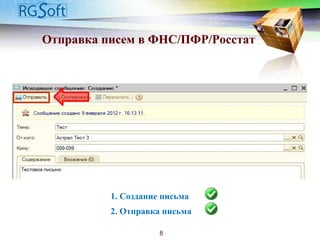 Отправка писем в ФНС/ПФР/Росстат
1. Создание письма
2. Отправка письма
8
 