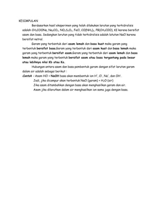 KESIMPULAN
Berdasarkan hasil eksperimen yang telah dilakukan larutan yang terhidrolisis
adalah CH3COONa, Na2CO3, NO2S2O3, FeCl, CO(NH2)2, PB(CH3COO), KI karena bersifat
asam dan basa. Sedangkan larutan yang tidak terhidrolisis adalah latutan NaCl karena
bersifat netral.
Garam yang terbentuk dari asam lemah dan basa kuat maka garam yang
terbentuk bersifat basa.Garam yang terbentuk dari asam kuat dan basa lemah maka
garam yang terbentuk bersifat asam.Garam yang terbentuk dari asam lemah dan basa
lemah maka garam yang terbentuk bersifat asam atau basa tergantung pada besar
atau lebihnya nilai Kb atau Ka.
Hubungan antara asam dan basa pembentuk garam dengan sifat larutan garam
dalam air adalah sebagai berikut :
Contoh : Asam HCl + NaOH basa akan membentuk ion H+
, Cl-
, Na+
, dan OH-
.
Jadi, jika dicampur akan terbentuk NaCl (garam) + H2O (air)
Jika asam ditambahkan dengan basa akan menghasilkan garam dan air.
Asam jika dilarutkan dalam air menghasilkan ion sama juga dengan basa.
 