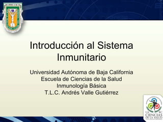Introducción al Sistema
Inmunitario
Universidad Autónoma de Baja California
Escuela de Ciencias de la Salud
Inmunología Básica
T.L.C. Andrés Valle Gutiérrez
 
