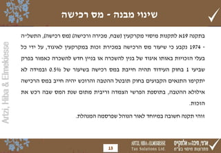 Artzi,Hiba&Elmekiesse
‫בתקנה‬19‫א‬‫לתקנות‬‫מיסוי‬‫מקרקעין‬(‫שבח‬,‫מכירה‬‫ורכישה‬)(‫מס‬‫רכישה‬),‫התשל‬"‫ה‬
-1974‫נקבע‬‫כי‬‫שיעור‬‫מס‬‫הרכישה‬‫במכירת‬‫זכות‬‫במקרקעין‬‫לאיגוד‬,‫על‬‫ידי‬‫כל‬
‫בעלי‬‫הזכויות‬‫באותו‬‫איגוד‬‫של‬‫בנין‬‫להשכרה‬‫או‬‫בניין‬‫חדש‬‫להשכרה‬‫כאמור‬‫בפרק‬
‫שביעי‬1‫בחוק‬‫העידוד‬‫תהיה‬‫חייבת‬‫במס‬‫רכישה‬‫בשיעור‬‫של‬0.5%‫ובמידה‬‫לא‬
‫יתקימו‬‫התנאים‬‫הקבועים‬‫בחוק‬‫תובטל‬‫ההטבה‬‫והרוכש‬‫יהיה‬‫חייב‬‫במס‬‫הרכישה‬
‫אילולא‬‫ההטבה‬,‫בתוספת‬‫הפרשי‬‫הצמדה‬‫וריבית‬‫מתום‬‫שנת‬‫המס‬‫שבה‬‫רכש‬‫את‬
‫הזכות‬.
‫זוהי‬‫תקנה‬‫חשובה‬‫במיוחד‬‫לאור‬‫הנוהל‬‫שפרסמה‬‫המנהלת‬.
‫מבנה‬ ‫שינוי‬-‫רכישה‬ ‫מס‬
13
 
