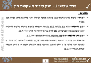 Artzi,Hiba&Elmekiesse
‫הגדרות‬-
"‫בניין‬"-‫לרבות‬‫מספר‬‫בנינים‬‫שנבנו‬‫באותה‬‫תקופה‬‫ובאותו‬‫אתר‬,‫כחטיבה‬‫אחת‬,‫למעט‬‫חלק‬
‫מבניין‬.
"‫בנין‬‫להשכרה‬"‫הינו‬‫בנין‬‫שאושר‬‫כנכס‬‫מאושר‬,‫שלפחות‬‫מחצית‬‫משטחו‬‫מיועדת‬‫להשכרה‬
‫למגורים‬‫בתנאים‬‫שנקבעו‬‫בסעיף‬53‫ב‬‫לחוק‬‫ובנייתו‬‫הסתיימה‬‫לאחר‬1988.7.31.
"‫בנין‬‫חדש‬‫להשכרה‬"‫הינו‬‫בנין‬‫להשכרה‬‫שאושר‬‫החל‬‫מיום‬1.1.2009.
(‫או‬‫אושר‬‫לפני‬1.1.2009‫והושכר‬‫לראשונה‬‫לאחר‬‫מועד‬‫זה‬,‫או‬‫שהושכר‬‫לראשונה‬‫לפני‬1.1.2009
‫לתקופה‬‫שלא‬‫פחתה‬‫מ‬-5‫שנים‬‫והחלק‬‫שהושכר‬‫בעבר‬‫למגורים‬‫יושכר‬‫ל‬-5‫שנים‬‫נוספות‬
‫לפחות‬,‫לאחר‬1.1.2009.)
‫שביעי‬ ‫פרק‬1-‫הון‬ ‫השקעות‬ ‫עידוד‬ ‫חוק‬
4
 