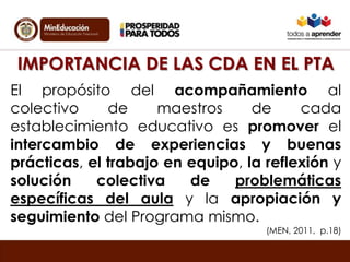 IMPORTANCIA DE LAS CDA EN EL PTA
El propósito del acompañamiento al
colectivo de maestros de cada
establecimiento educativo es promover el
intercambio de experiencias y buenas
prácticas, el trabajo en equipo, la reflexión y
solución colectiva de problemáticas
específicas del aula y la apropiación y
seguimiento del Programa mismo.
(MEN, 2011, p.18)
 