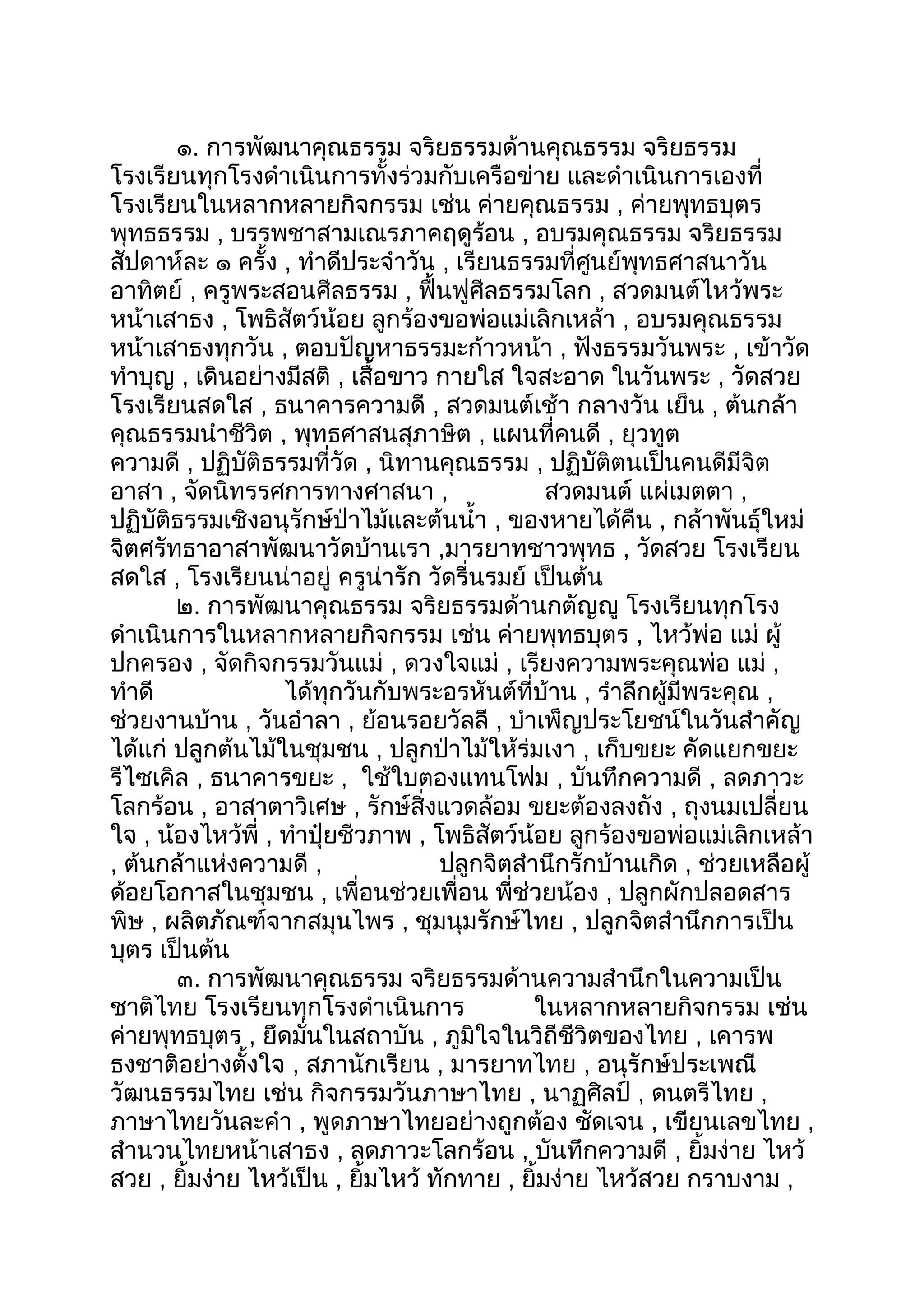 ๑. การพัฒนาคุณธรรม จริยธรรมด้านคุณธรรม จริยธรรม
โรงเรียนทุกโรงดำาเนินการทั้งร่วมกับเครือข่าย และดำาเนินการเองที่
โรงเรียนในหลากหลายกิจกรรม เช่น ค่ายคุณธรรม , ค่ายพุทธบุตร
พุทธธรรม , บรรพชาสามเณรภาคฤดูร้อน , อบรมคุณธรรม จริยธรรม
สัปดาห์ละ ๑ ครั้ง , ทำาดีประจำาวัน , เรียนธรรมที่ศูนย์พุทธศาสนาวัน
อาทิตย์ , ครูพระสอนศีลธรรม , ฟื้นฟูศีลธรรมโลก , สวดมนต์ไหว้พระ
หน้าเสาธง , โพธิสัตว์น้อย ลูกร้องขอพ่อแม่เลิกเหล้า , อบรมคุณธรรม
หน้าเสาธงทุกวัน , ตอบปัญหาธรรมะก้าวหน้า , ฟังธรรมวันพระ , เข้าวัด
ทำาบุญ , เดินอย่างมีสติ , เสื้อขาว กายใส ใจสะอาด ในวันพระ , วัดสวย
โรงเรียนสดใส , ธนาคารความดี , สวดมนต์เช้า กลางวัน เย็น , ต้นกล้า
คุณธรรมนำาชีวิต , พุทธศาสนสุภาษิต , แผนที่คนดี , ยุวทูต
ความดี , ปฏิบัติธรรมที่วัด , นิทานคุณธรรม , ปฏิบัติตนเป็นคนดีมีจิต
อาสา , จัดนิทรรศการทางศาสนา , สวดมนต์ แผ่เมตตา ,
ปฏิบัติธรรมเชิงอนุรักษ์ป่าไม้และต้นนำ้า , ของหายได้คืน , กล้าพันธุ์ใหม่
จิตศรัทธาอาสาพัฒนาวัดบ้านเรา ,มารยาทชาวพุทธ , วัดสวย โรงเรียน
สดใส , โรงเรียนน่าอยู่ ครูน่ารัก วัดรื่นรมย์ เป็นต้น
๒. การพัฒนาคุณธรรม จริยธรรมด้านกตัญญู โรงเรียนทุกโรง
ดำาเนินการในหลากหลายกิจกรรม เช่น ค่ายพุทธบุตร , ไหว้พ่อ แม่ ผู้
ปกครอง , จัดกิจกรรมวันแม่ , ดวงใจแม่ , เรียงความพระคุณพ่อ แม่ ,
ทำาดี ได้ทุกวันกับพระอรหันต์ที่บ้าน , รำาลึกผู้มีพระคุณ ,
ช่วยงานบ้าน , วันอำาลา , ย้อนรอยวัลลี , บำาเพ็ญประโยชน์ในวันสำาคัญ
ได้แก่ ปลูกต้นไม้ในชุมชน , ปลูกป่าไม้ให้ร่มเงา , เก็บขยะ คัดแยกขยะ
รีไซเคิล , ธนาคารขยะ , ใช้ใบตองแทนโฟม , บันทึกความดี , ลดภาวะ
โลกร้อน , อาสาตาวิเศษ , รักษ์สิ่งแวดล้อม ขยะต้องลงถัง , ถุงนมเปลี่ยน
ใจ , น้องไหว้พี่ , ทำาปุ๋ยชีวภาพ , โพธิสัตว์น้อย ลูกร้องขอพ่อแม่เลิกเหล้า
, ต้นกล้าแห่งความดี , ปลูกจิตสำานึกรักบ้านเกิด , ช่วยเหลือผู้
ด้อยโอกาสในชุมชน , เพื่อนช่วยเพื่อน พี่ช่วยน้อง , ปลูกผักปลอดสาร
พิษ , ผลิตภัณฑ์จากสมุนไพร , ชุมนุมรักษ์ไทย , ปลูกจิตสำานึกการเป็น
บุตร เป็นต้น
๓. การพัฒนาคุณธรรม จริยธรรมด้านความสำานึกในความเป็น
ชาติไทย โรงเรียนทุกโรงดำาเนินการ ในหลากหลายกิจกรรม เช่น
ค่ายพุทธบุตร , ยึดมั่นในสถาบัน , ภูมิใจในวิถีชีวิตของไทย , เคารพ
ธงชาติอย่างตั้งใจ , สภานักเรียน , มารยาทไทย , อนุรักษ์ประเพณี
วัฒนธรรมไทย เช่น กิจกรรมวันภาษาไทย , นาฏศิลป์ , ดนตรีไทย ,
ภาษาไทยวันละคำา , พูดภาษาไทยอย่างถูกต้อง ชัดเจน , เขียนเลขไทย ,
สำานวนไทยหน้าเสาธง , ลดภาวะโลกร้อน , บันทึกความดี , ยิ้มง่าย ไหว้
สวย , ยิ้มง่าย ไหว้เป็น , ยิ้มไหว้ ทักทาย , ยิ้มง่าย ไหว้สวย กราบงาม ,
 