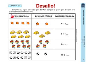 CoordenadoriadeEducação
1.ºAno
4.ºBIMESTRE/2012
57
PANCINHA TINHA DEU PARA ZÉ MICO PANCINHA FICOU COM
Pancinha deu alguns brinquedos para Zé Mico. Complete o quadro para descobrir com
quantos brinquedos Pancinha ficou.
ATIVIDADE 14
4 – 2 =___
6 – 3 =___
8 – 4 =___
12 – 2 =___
http://sitededicas.ne10.uol.com.br/cliparts.htm
 