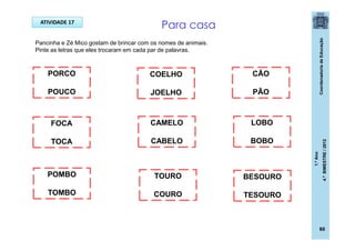 CoordenadoriadeEducação
1.ºAno
4.ºBIMESTRE/2012
60
ATIVIDADE 17
Pancinha e Zé Mico gostam de brincar com os nomes de animais.
Pinte as letras que eles trocaram em cada par de palavras.
PORCO
POUCO
COELHO
JOELHO
CÃO
PÃO
FOCA
TOCA
CAMELO
CABELO
LOBO
BOBO
POMBO
TOMBO
TOURO
COURO
BESOURO
TESOURO
Para casa
 
