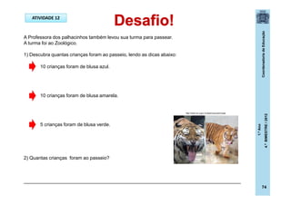 CoordenadoriadeEducação
1.ºAno
4.ºBIMESTRE/2012
74
ATIVIDADE 12
10 crianças foram de blusa azul.
10 crianças foram de blusa amarela.
5 crianças foram de blusa verde.
A Professora dos palhacinhos também levou sua turma para passear.
A turma foi ao Zoológico.
1) Descubra quantas crianças foram ao passeio, lendo as dicas abaixo:
2) Quantas crianças foram ao passeio?
_________________________________________________________________________________
http://www.rio.rj.gov.br/web/riozoo/principal
 