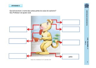 CoordenadoriadeEducação
1.ºAno
4.ºBIMESTRE/2012
7
ATIVIDADE 5
Que tal escrever o nome das outras partes do corpo do cachorro?
Seu Professor vai ajudar você.
pata
Buarque, Chico. Os saltimbancos. 5 ed.- RJ: José Olympio , 2009.
 