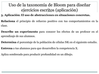 112
Uso de la taxonomía de Bloom para diseñar
ejercicios escritos (aplicación)
3. Aplicación: El uso de abstracciones en situaciones concretas.
Relaciona el principio de refuerzo positivo con tus comportamientos en la
clase.
Describe un experimento para conocer los efectos de un profesor en el
aprendizaje de sus alumnos.
Determina el porcentaje de la población de células NK en el siguiente estudio.
Entrena a tus alumnos para que desarrollen la competencia X.
Aplica sombreado para producir profundidad en un dibujo.
 